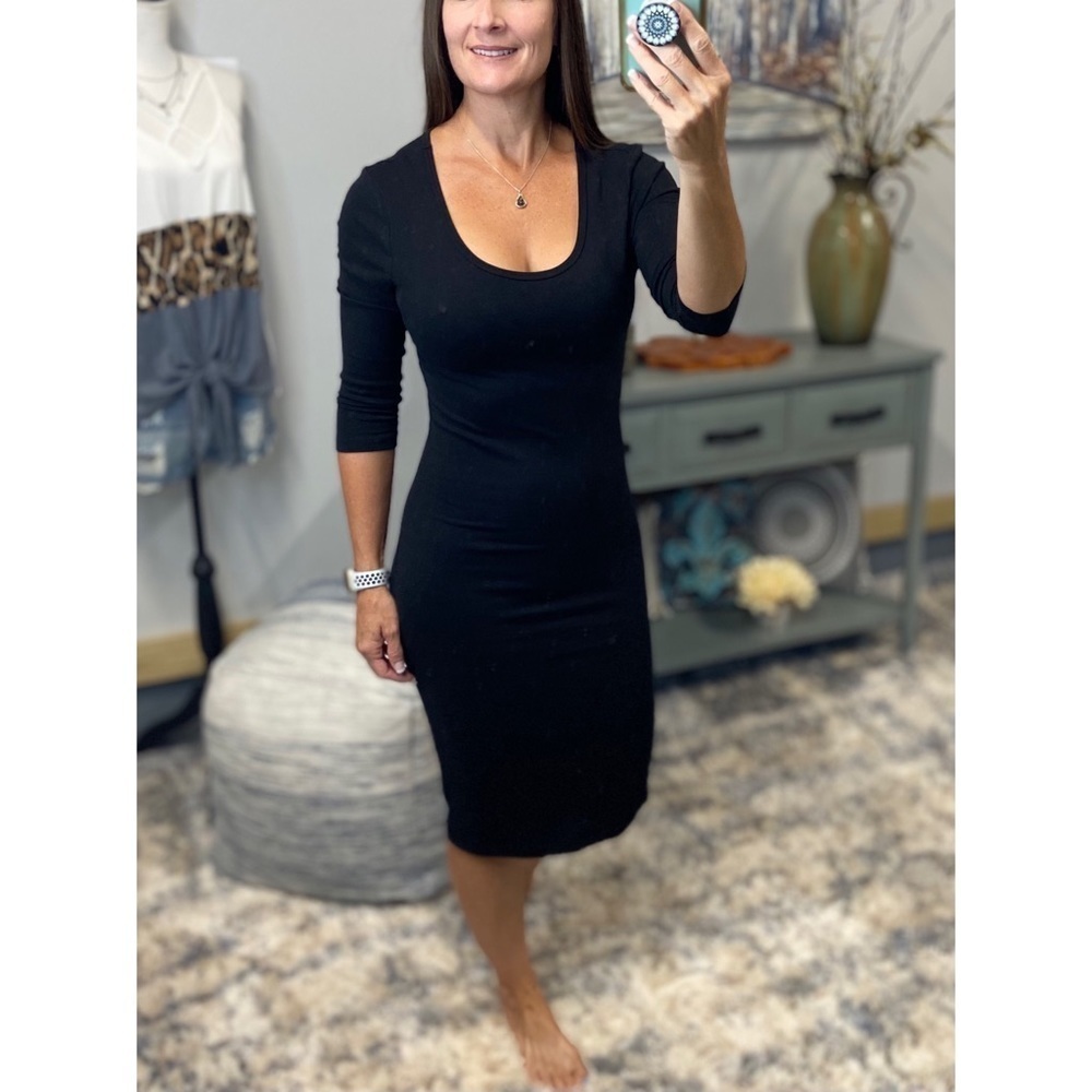 3/4 Sleeve Scoop Bodycon Tee Dress Black 3121